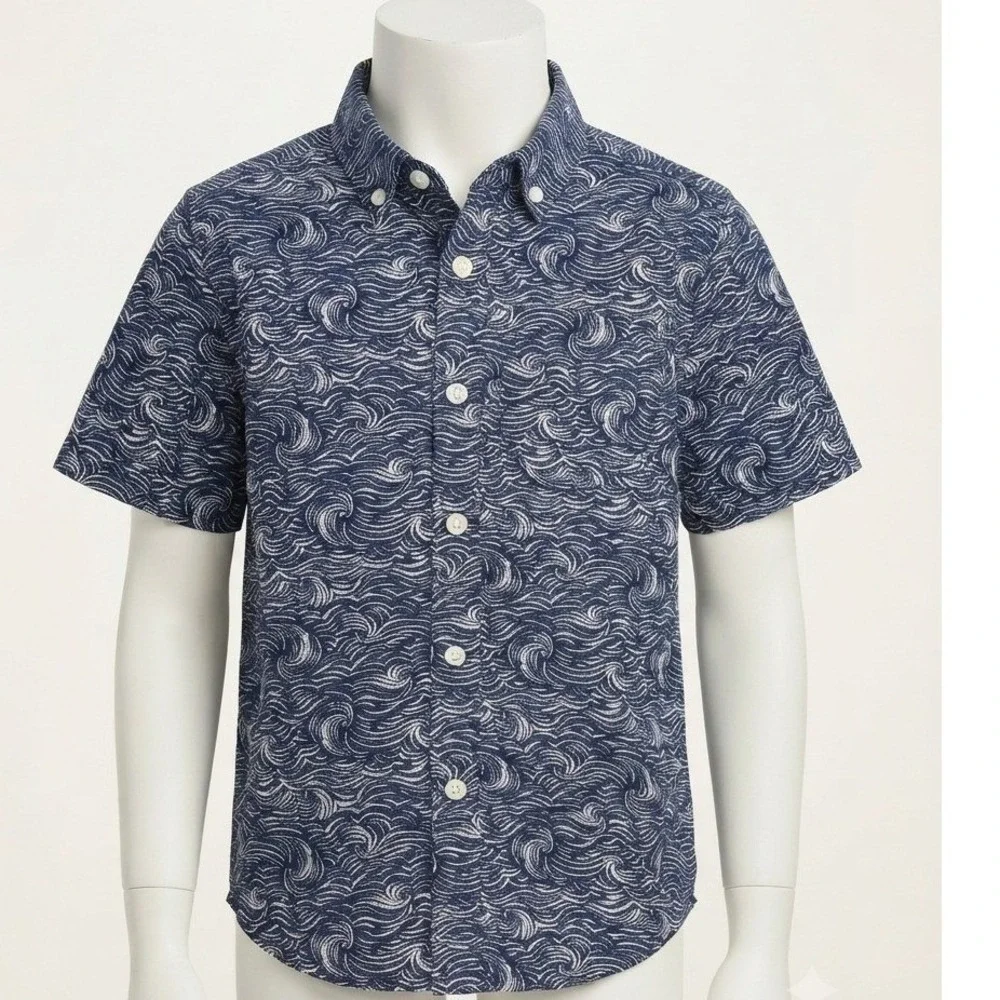 Old Navy Boys Navy White Wave Print Short Sleeve Built-In Flex Button Down S 6-7